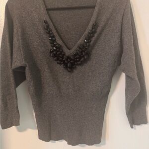 Saks Fifth Avenue Gray Sweater with Black Beaded Accents